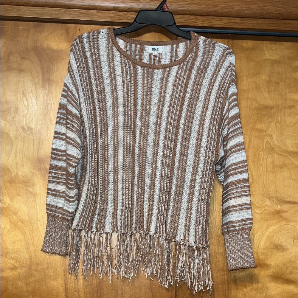 BKE Brown and Cream Striped Sweater with fringe detailed bottom